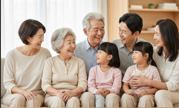 3대가 함께 웃으며 대화하는 가족의 일상